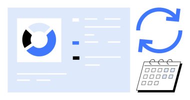 Dairesel senkronizasyon simgesi ve takvimin yanında veri gösterge paneli üzerindeki pasta grafiği. Analiz, iş akışı, verimlilik, programlama, otomasyon, planlama, iş stratejisi için ideal. Minimalist düz