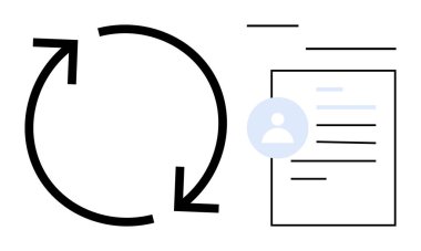 Kullanıcı profili rozeti olan bir belgeyle birlikte bir iş akış döngüsünü gösteren dairesel oklar. Kavramların kullanımı için ideal süreç yönetimi, yenilenme, geri dönüşüm, belgeler, kullanıcı profilleri, HR