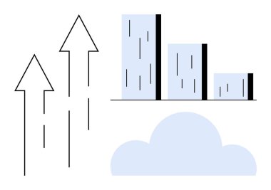 Boyutu üç sütun azalan bar tablosu, yükselen üç ok ve ince bir bulut. Ticari büyüme, analitik, ilerleme, yenilik, kalkınma, strateji ve bulut teknolojisi için ideal