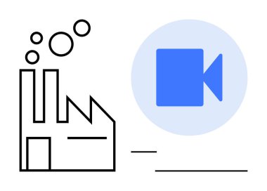 Fabrika yayma baloncukları dijital bağlantıları, iletişimi ve yeniliği vurgulayan bir video kamera ikonu ile eşleştirildi. Endüstri, teknoloji, otomasyon, dijitalleştirme, ekolojik farkındalık için ideal