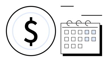 İşaretli tarihli ızgara biçimindeki takvimin yanında dolar işareti. Bütçe, zaman yönetimi, tasarruflar, gelir, teslim tarihleri, maaş bordroları, planlama için ideal. Basit düz metafor