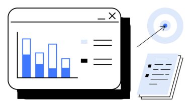 Web penceresindeki çubuk çizelgesi, belgeler ve hedef tahtası veri analizini, rapor oluşturma, hedef belirleme, başarı stratejisi, planlama, üretkenlik, karar verme mekanizması basit düz mecazı sembolize eder
