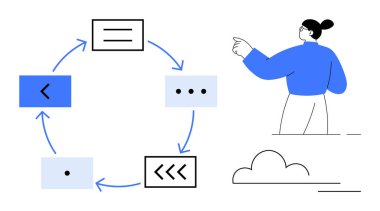 Mavili kadın bağlı diyagramların yönsel döngüsünü gözlemliyor. Oklar işlem akışını gösteriyor. Takım çalışması, strateji, iş akışı, karar verme, proje yönetimi, ilerleme için ideal