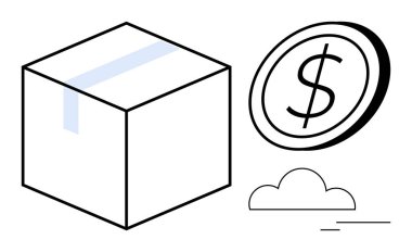 Karton kutuda bir dolar madeni para ve minimalist bulut bulunur, e-ticaret, nakliyat, maliyet, lojistik, finans, teknoloji ve iş büyümesini temsil eder. Basit düz metafor için ideal