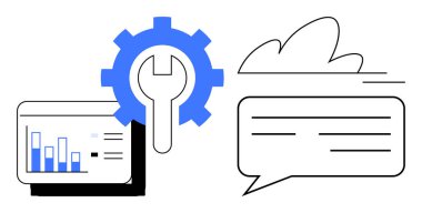Çubuk grafikli gösterge paneli, mavi dişli sembolik araçlar, bulut ve konuşma balonu. Teknoloji, bulut hesaplama, analitik, iletişim, yazılım veri yönetimi optimizasyonu için ideal