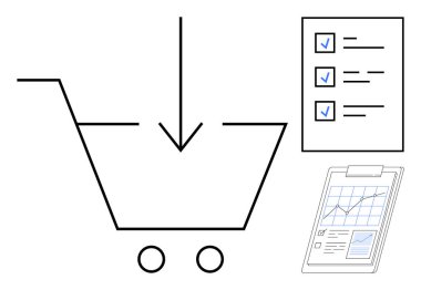 Satın almayı gösteren oklu alışveriş arabası, görev listeleri, analitik çizelgeli pano. E-ticaret, planlama, organizasyon, analitik, üretkenlik, strateji karar verme mekanizması için ideal