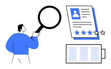 Elinde büyüteç tutan adam profil kartını yıldızlarla inceliyor. Pil seviyesi verimliliği sembolize ediyor. İşe alım, performans değerlendirmesi, geri bildirim, verimlilik, İK yönetimi, işe alım için ideal