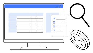 Monitörde kontrol listesi, büyüteç ve bozuk para yanında bir hesap tablosu var. Finans, veri analizi, görev yönetimi, uyum, denetim, planlama için ideal basit düz metafor