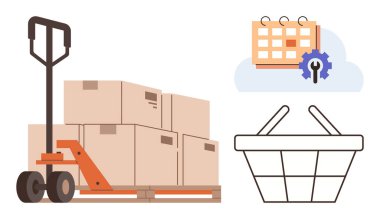 Karton kutulu palet krikosu, vites simgeli takvim ve alışveriş sepeti. Lojistik, tedarik zinciri, envanter, düzen yönetimi, e-ticaret planlama deposu için ideal. Basit düz metafor