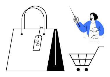 Yüzdelik etiketli büyük bir alışveriş çantası makbuzlu bir kadın ve boş bir alışveriş arabası. Perakende, pazarlama, e-ticaret, indirim, bütçe, tüketici davranışı alışverişi için ideal