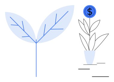 Minimalist yaprak ve saksı bitkisinin karışımı ve dalda büyüyen bir dolar işareti madeni para. Finans, yatırım, sürdürülebilirlik, zenginlik, eko-ticaret, büyüme ve yenilik temaları için ideal
