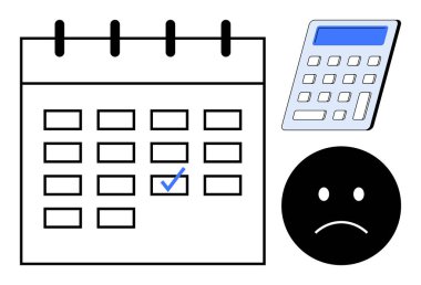 İşaretli tarihli takvim, hesap makinesi, kaşlarını çatan surat, mali stresi ve son teslim tarihlerini çağrıştırıyor. Planlama, vergi sezonu, teslim tarihleri, bütçe, finans, ödeme için ideal basit düz metaforu hatırlatıyor