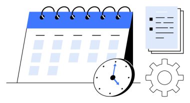 Takvim, saat, kontrol listesi ve teçhizat, zaman çizelgesini, görev organizasyonunu ve verimliliği simgeliyor. Planlama, teslim tarihi, üretkenlik iş akışı çoklu görev stratejisi için ideal basit