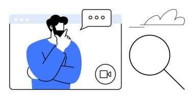 Konuşma balonu ve büyüteçle video ekranındaki düşünceli adam analizi ve online iletişimi öneriyor. Beyin fırtınası, takım çalışması, strateji, problem çözme, uzaktan çalışma için ideal