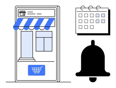 Mobil mağaza arayüzü mavi tente, el arabası simgesi, takvim ve uyarı zili. Çevrimiçi alışveriş, e-ticaret, programlama, pazarlama perakende uygulama geliştirme için ideal. Basit düz