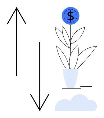Yapraklı bir bitkinin üzerindeki mavi para yukarı ve aşağı ok ve bulut. Finansal büyüme, yatırım, ekonomi eğilimleri, iş analizi, refah için ideal, basit düz metafor riski
