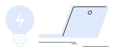 Dizüstü bilgisayarın yanında elektrik kıvılcımlı ampul teknoloji, fikirler ve üretkenliği sembolize eder. Eğitim, iş dünyası, yenilik, uzak çalışma, dijital öğrenme, problem çözme ve yaratıcı