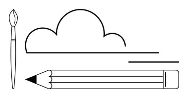Boya fırçası, kalem ve bulut çizgisi sanat eseri, hayal gücü ve çizim. Sanat, yaratıcılık, tasarım eğitimi yeniliği, beyin fırtınası minimalizm için idealdir. Basit düz