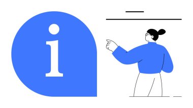 Soyut bir sunuma doğru hareket eden kişinin yanında mavi bilgi simgesi. Eğitim, öğrenme, yardım, sunum, eğitim, iletişim ve destek için ideal. Temiz ve basit düz metafor