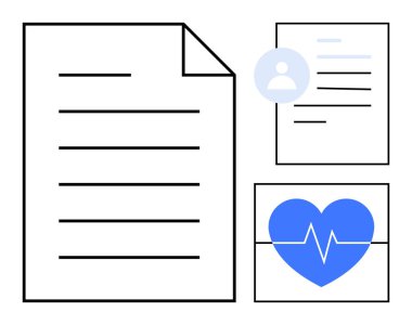 Büyük bir belge, kullanıcı simgesi olan küçük bir profil ve kalp atışı çizgisi olan mavi bir kalp. Sağlık hizmetleri, kayıtlar, teşhisler, tıbbi veriler, hizmetler, sigorta organizasyonu için ideal basit düz metafor
