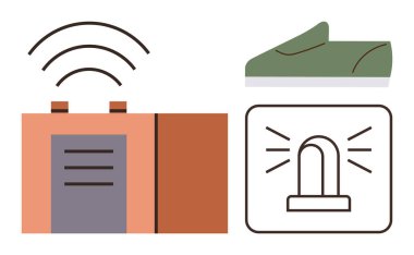 Sinyal dalgaları, hareket detektörü ve alarm sireni olan bir güvenlik cihazı. Güvenlik, teknoloji, alarm izleme, otomasyon, acil durum müdahalesi için ideal basit düz metafor.