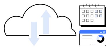 Okları yükleyen bulut, dijital takvim ve gösterge paneli. Veri senkronizasyonu, bulut depolama, üretkenlik, planlama, analitik uzaktan çalışma takım çalışması için ideal. Basit düz metafor