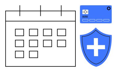 Takvim şebekesi, çipli kredi kartı, çapraz sembollü mavi kalkan. Finans, sağlık, planlama, koruma, sigorta ve organizasyon için ideal. Basit bir düz metaforu temsil eder.