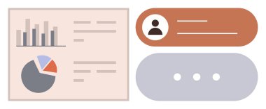 Grafik bar tablosu, pasta tablosu, profil bilgi kartı ve mesajlaşma özelliği. Veri analizi, kullanıcı arayüzü, istatistik, iletişim iş analizi raporlaması için ideal. Basit düz metafor