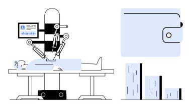 Veri izlenirken robotik silahlar ameliyat yaparken cüzdan finans ve güvenliği yansıtır ve çubuk grafikler ilerlemeyi simgeler. Sağlık, teknoloji, güvenlik ve yenilik için ideal