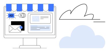 Depo paneli olan bilgisayar monitörü, bildirim içeren e-posta simgesi, içerik göstergesi, reklam balonu ve bulut grafikleri. Çevrimiçi pazarlama, ticari yenilik, e-ticaret, dijital araçlar için ideal