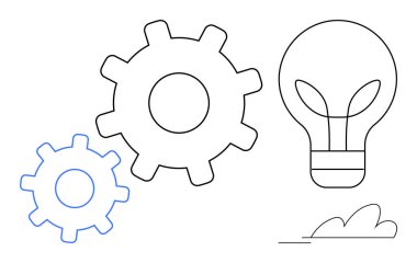 Ampul fikirleri sembolize ederken birbirine kenetlenmiş iki dişli de süreci ve üretkenliği temsil ediyor. Takım çalışması, yenilik, yaratıcılık, teknoloji, ilerleme, gelişme ve strateji için ideal. Basit düz