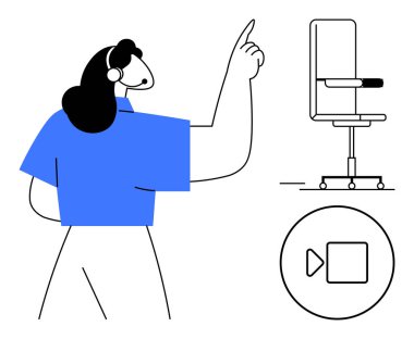 Yukarıya bakan bir kulaklık takan kadın sanal iletişimi resmediyor. Ofis sandalyesi minimal stil ve çalma düğmesi sunum temaları, çevrimiçi öğrenme, uzaktan çalışma temalarını güçlendirir