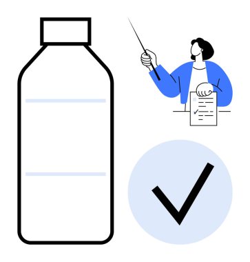 Büyük bir şişe taslağı, işaretleyici ve kağıtla sunulan kişi, daire şeklinde kalın bir işaret. Kalite kontrol, ambalaj, onay, uyum, eğitim, planlama ve takım çalışması kavramları için ideal