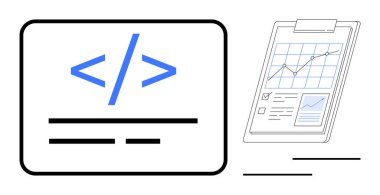 Grafik, metrik, kontrol listesi ve analiz çizelgelerinin yer aldığı pano ile birlikte HTML sembolleri ile kodlama arayüzü. Web geliştirme, teknoloji, analitik, büyüme, tasarım performansı için ideal