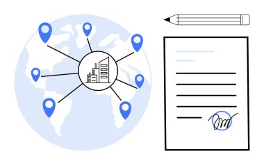 İmza ve kalemle birlikte bir fabrika simgesine bağlı dünya haritası. Küresel ticaret, lojistik, anlaşmalar, dış kaynak kullanımı, iş stratejisi, ortaklıklar için ideal