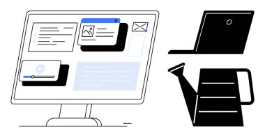 Masaüstü monitörü multimedya, e-posta, dizüstü bilgisayar ve sulama kutusunu gösteriyor. İş-yaşam dengesi, verimlilik, iletişim, yaratıcılık, sürdürülebilirlik organizasyonu teknolojisi için idealdir. Modern basit