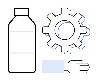 Plastik şişe, vites mekanizması ve geri dönüşümü, yeniliği ve çevresel sorumluluğu sembolize eden el. Sürdürülebilirlik, geri dönüşüm, eko-ticaret, üretim verimliliği takım çalışması için ideal