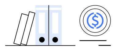 Bir yığın kitap, iki dosya klasörü ve içinde finans, organizasyon ve muhasebeyi temsil eden bir dolar işareti olan bir bozuk para. Muhasebe, bütçe, kayıt ve işletme yönetimi için ideal