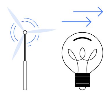 Rüzgar türbini elektrik üretiyor. Ampul ve okla sembolize ediliyor. Sürdürülebilirlik, yenilenebilir enerji, yenilik, çevre dostu çözümler, yeşil teknoloji, rüzgar gücü, enerji için ideal