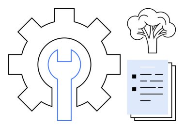 Alet ve işlemler için vites ve anahtar, organizasyon için belge yığını ve sürdürülebilirlik için ağaç. Teknoloji, ekoloji, endüstri, süreç, yönetim yenilikçi iş akışı için idealdir. Basit düz