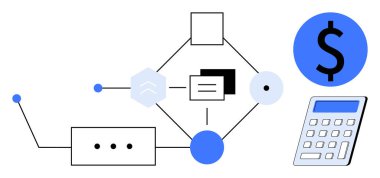Hesap makinesi, dolar işareti ve satırlarla birbirine bağlı veri düğümleriyle soyut finansal sistem. Finans, veri analizi, teknoloji, bütçe, otomasyon yeniliği dijital ekonomi için idealdir. Basit düz