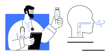 Erkek doktor elinde ilaç ve tablet tutarken solunum sistemi hava akımının diyagramının yanında. Sağlık, ilaç, solunum sağlığı, tedaviler, eğitim, bilim ve tıbbi araçlar için ideal