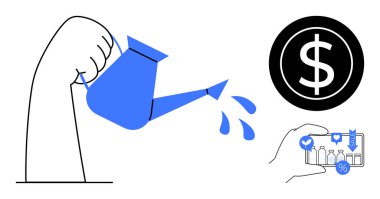 Sulama kutusundan su döküyor, dolar maddi büyümeyi temsil ediyor, akıllı telefon indirimleri ve ürünleri elinde tutuyor. Yatırım, büyüme, finans, e-ticaret, tasarruf için ideal