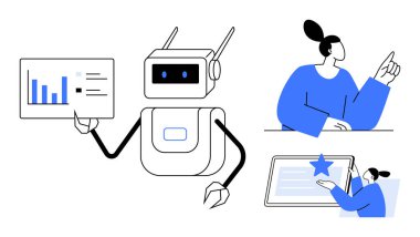 Robot veri tablosu, fikre bakan kadın, yıldız geribildirimi için tabletle etkileşime geçen kişi. Yapay zeka, yenilik, veri analizi, takım çalışması, performans teknolojisi arayüzü eğitimi için ideal. Basit.