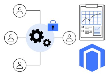 Vitesler, kullanıcı simgeleri ve kilit çizelgeleri güvenli iş akışlarını gösteriyor. Pano ve kalkandaki çizelge veri korumasını, takım işbirliğini, verimliliği ve analitiği yansıtıyor. Siber güvenlik ve takım çalışması için ideal.