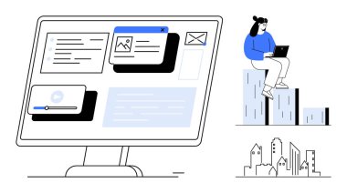 Dizüstü bilgisayarında soyut şehir manzarasının üzerinde oturan bir kadınla birlikte masaüstü ekranında birden fazla görev pencereleri ve medya görüntüsü. Üretkenlik, uzak çalışma, teknoloji, yenilik, çoklu görev, dijital