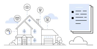 Işık, güvenlik, aletler, havalandırma ve su gibi akıllı cihazlar için ikonlar içeren ev illüstrasyonu. Teknoloji, otomasyon, enerji yönetimi, akıllı ev yeniliği için ideal