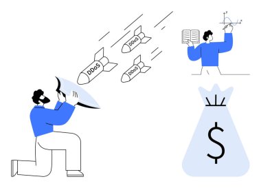 DDoS saldırılarını kalkanla savuşturan bir kişi, bilimsel verileri analiz eden bir diğeri, finansal etkiyi sembolize eden büyük para çantası. Siber güvenlik, bilişim savunması, tehdit önleme ve finans için ideal