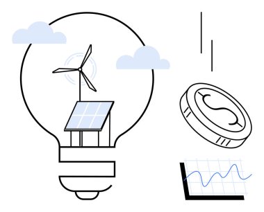 Güneş paneli, rüzgar türbini, bozuk para, bulut ve ekonomi grafiği içeren bir ampul. Sürdürülebilirlik, temiz enerji, yenilik, eko-finans, yenilenebilir kaynaklar için ideal yeşil ekonomi ilerlemesi