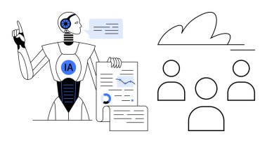Yapay güç kullanan robot grafikleri analiz eder, bulut arkaplanı altında izleyicilere içgörü sunar. Teknoloji, otomasyon, veri analizi, makine öğrenimi, yenilik, işbirliği, gelecekçi vizyon için ideal